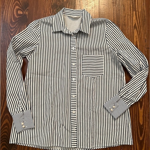 ZARA Basic Navy and White Striped button down pearl button shirt Stripes - Picture 4 of 7
